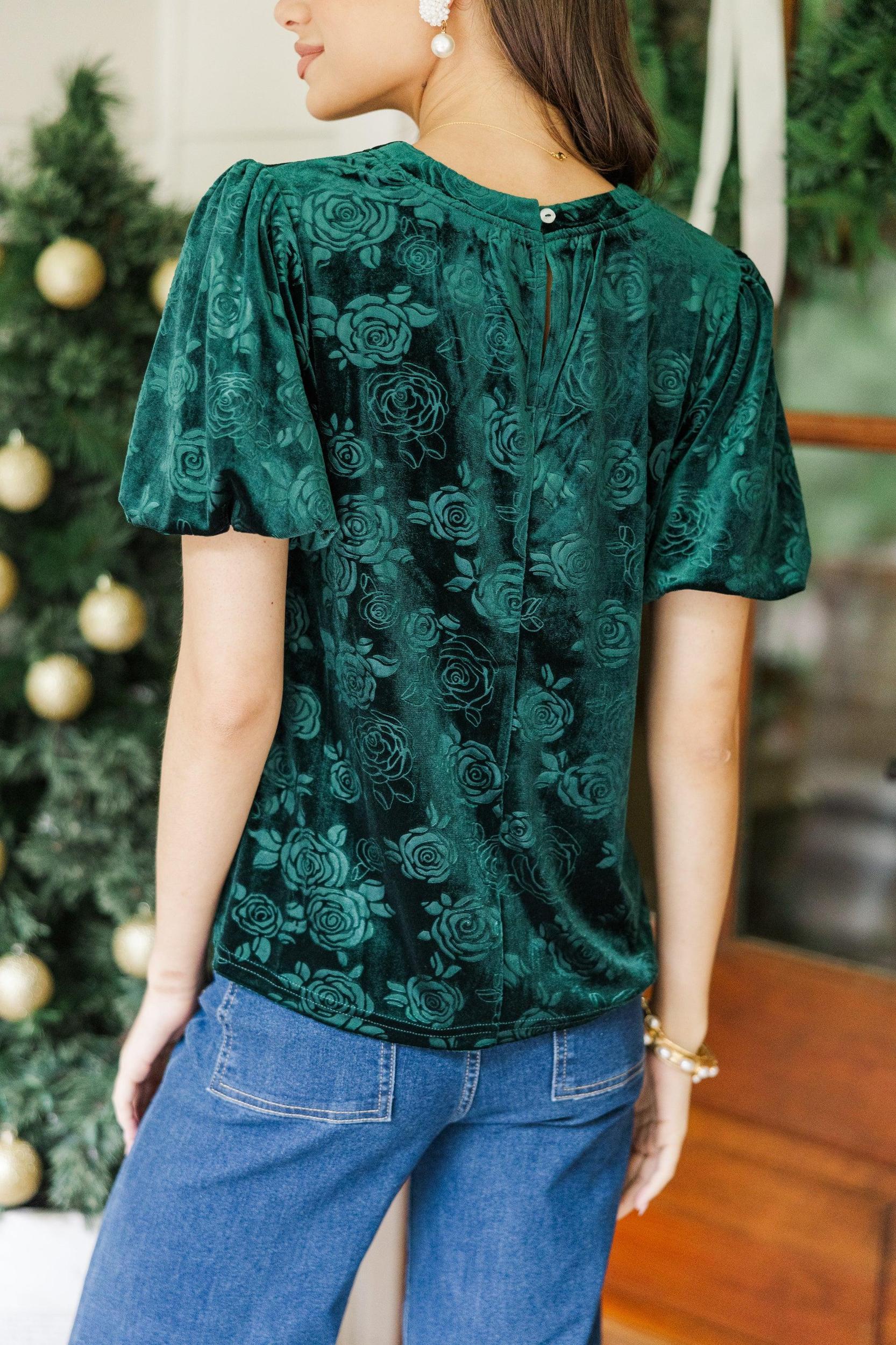 All In Emerald Green Floral Velvet Blouse Female Product Image