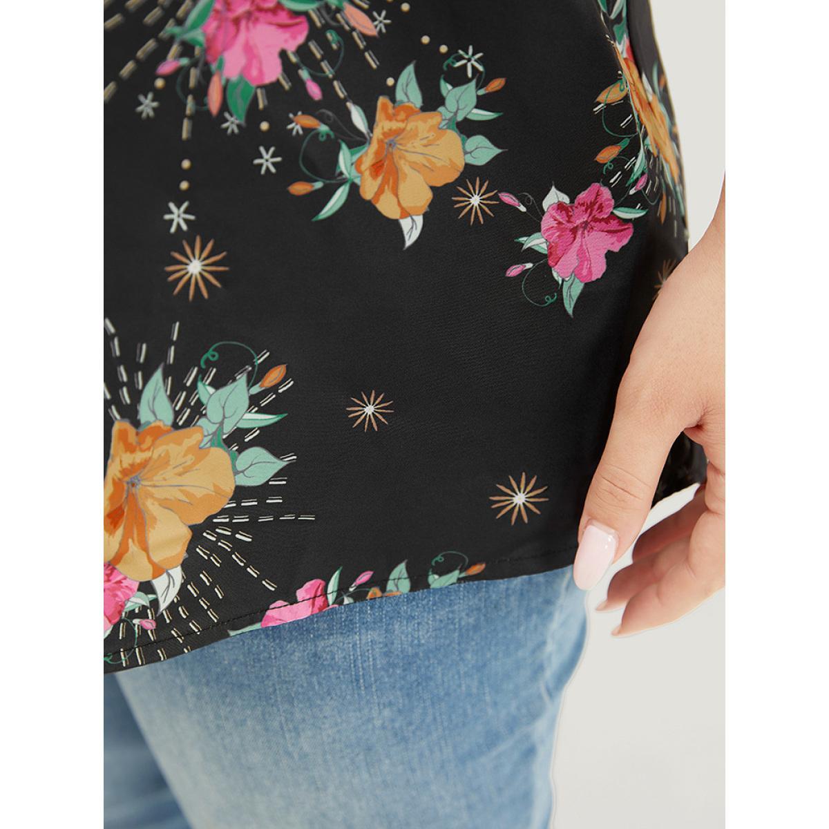 Plus Size BlackFlower Floral Shirred Puff Sleeve Blouse Women Glamour Short sleeve V-neck Going out Blouses BloomChic 14-16/1X Product Image