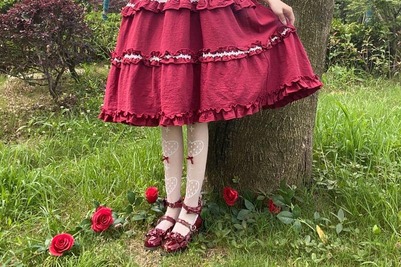 Puff-Sleeve Bow Ruffled Midi Pinafore Dress / Petticoat Product Image