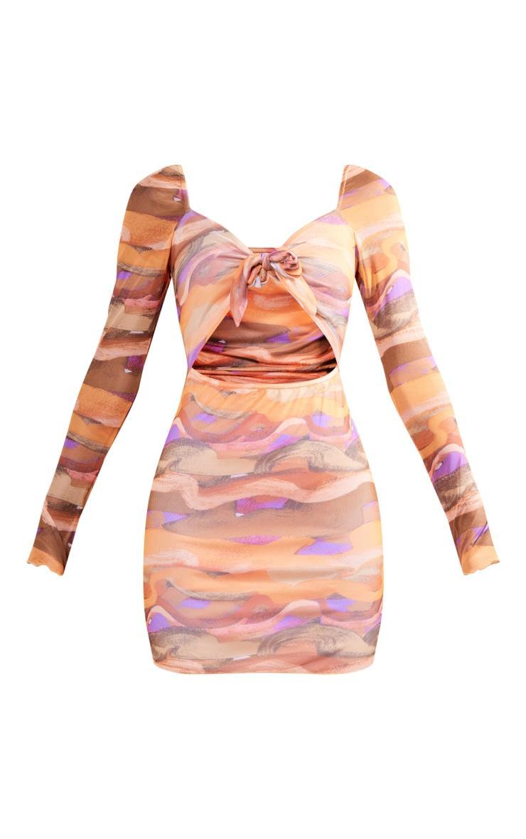 Multi Swirl Tile Print Mesh Tie Front Cut Out Bodycon Dress Product Image