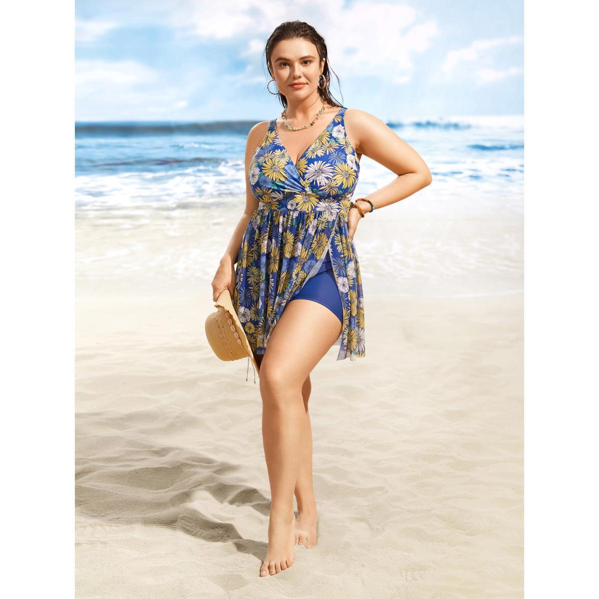 Plus Size Overlap Collar Floral Mesh Split Side Swim Dress Women's Swimwear Indigo Beach Bodycon Overlap Collar High stretch Curve Swim Dresses BloomChic 26/4X Product Image