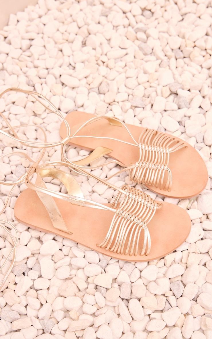 Gold Real Leather Round Toe Woven Lace Up Flat Sandals Product Image