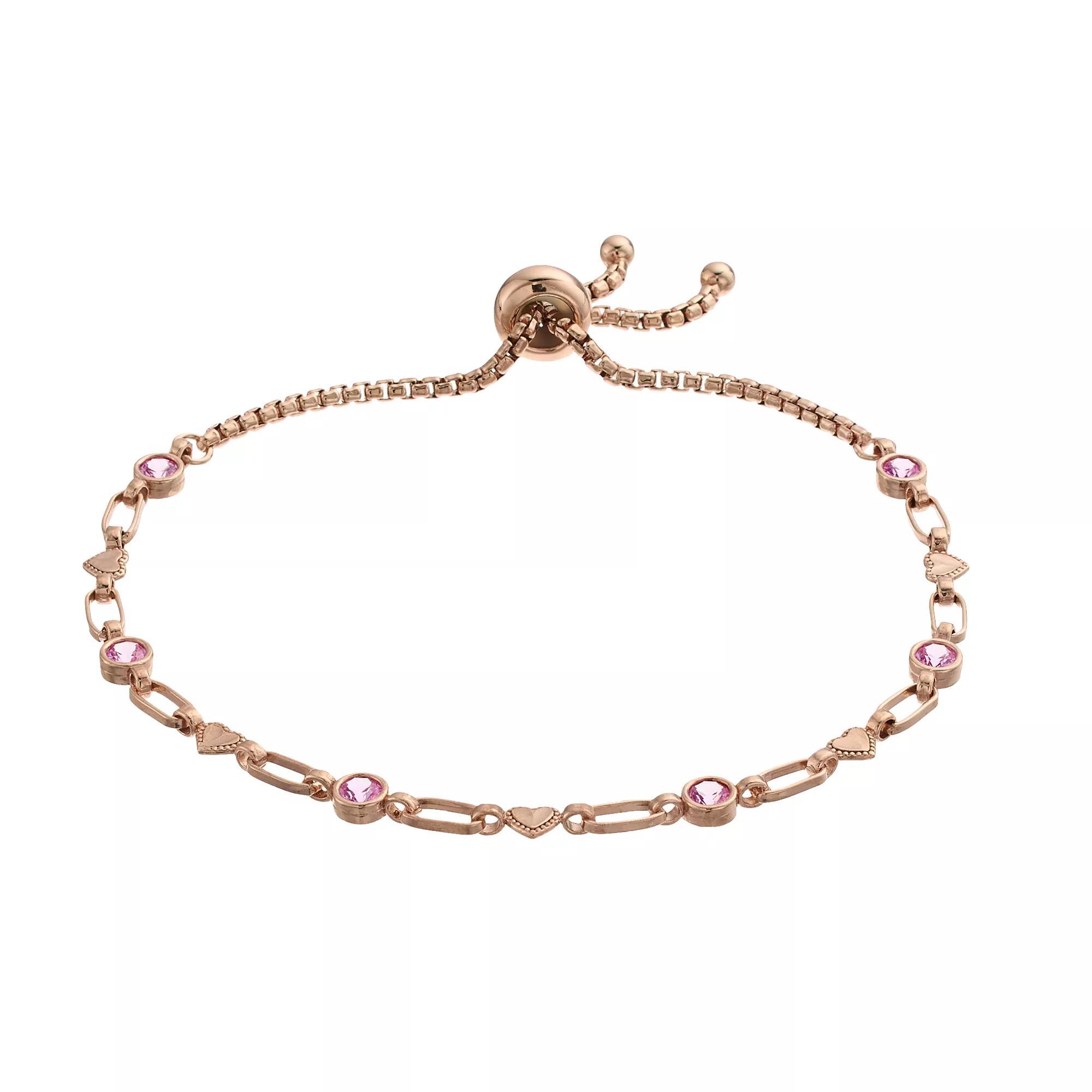 Kristen Kesho Sterling Silver Lab-Created Pink Sapphire & Heart Link Adjustable Bolo Bracelet, Women's, Size: 9.50, Pink Tone Product Image