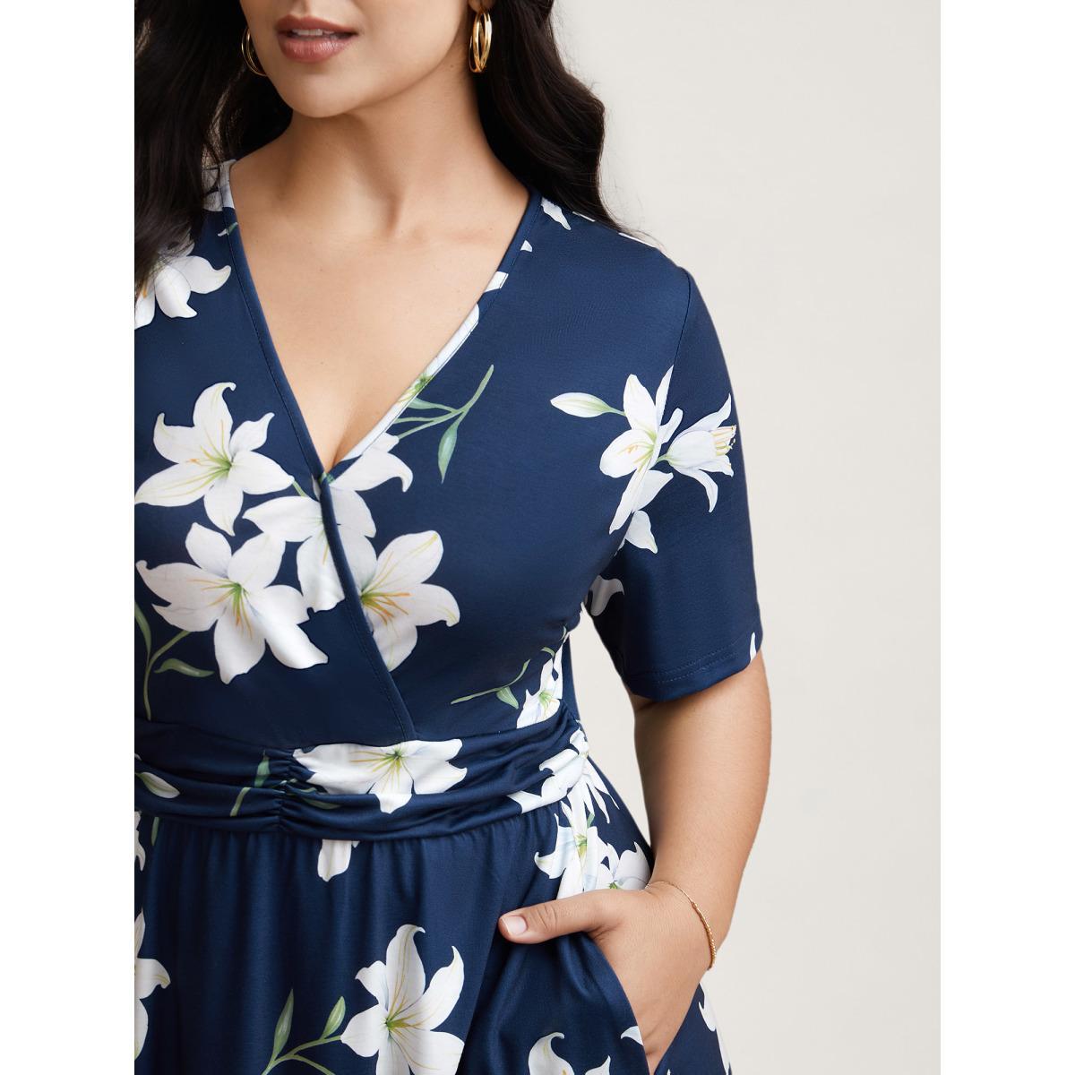 Plus Size Floral Surplice Neck Pleated Midi Dress Navy Women Casual Gathered Overlap Collar Short sleeve Curvy BloomChic 10/M Product Image