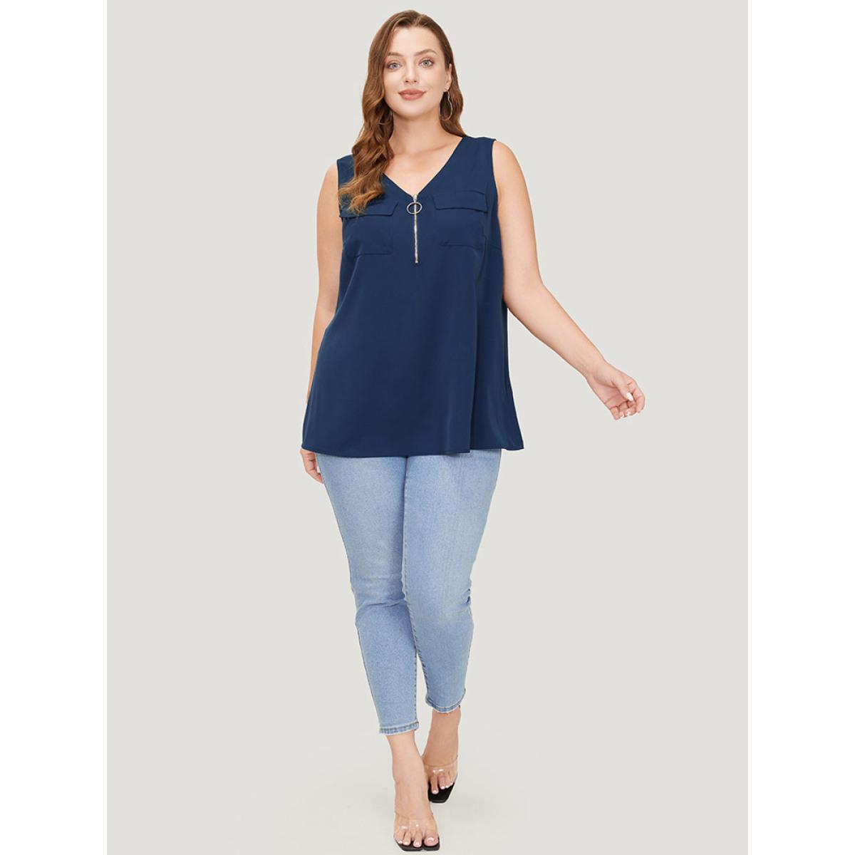 Plus Size Solid Half Zipper Flap Detail Tank Top Women Indigo Casual Zipper V-neck Dailywear Tank Tops Camis BloomChic 30/6X Product Image