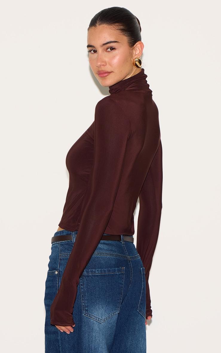 Chocolate Slinky High Neck Thumb Detail Long Sleeve Top Product Image