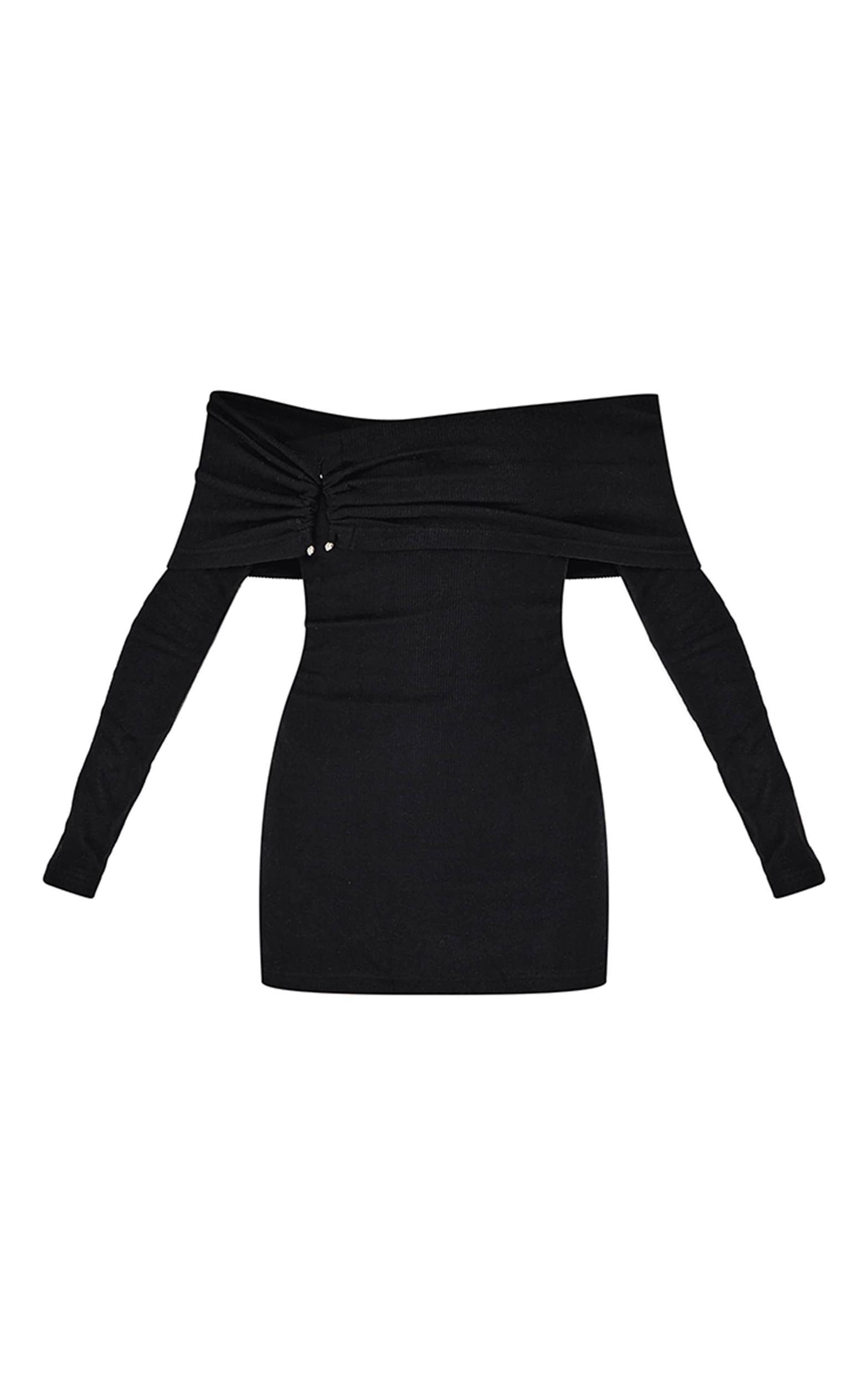 Black Heavy Brushed Rib Bardot Trim Mini Dress Product Image