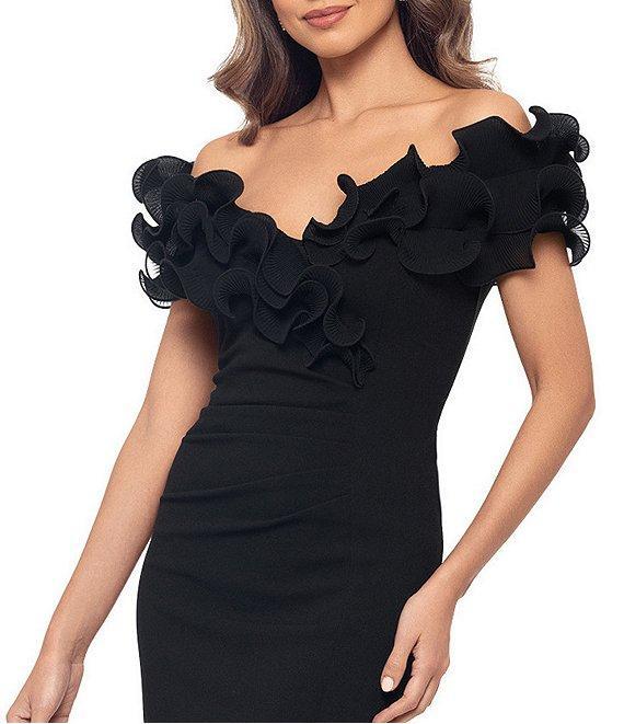 Xscape Petite Size Scuba Crepe V-Neck Sleeveless Wire Ruffle Trim Ruched Back Dress Product Image