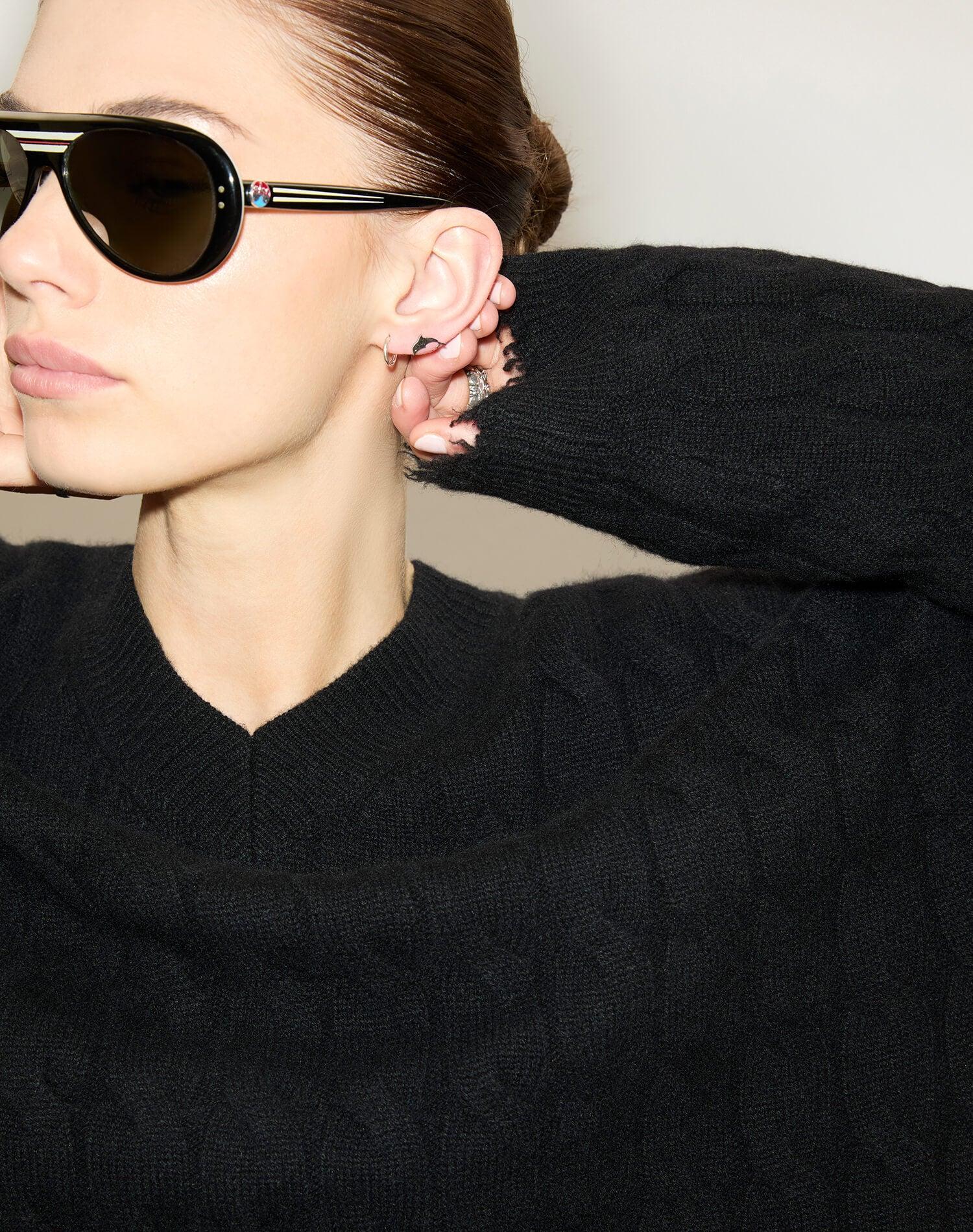 Cable V Neck Pullover - Black Product Image