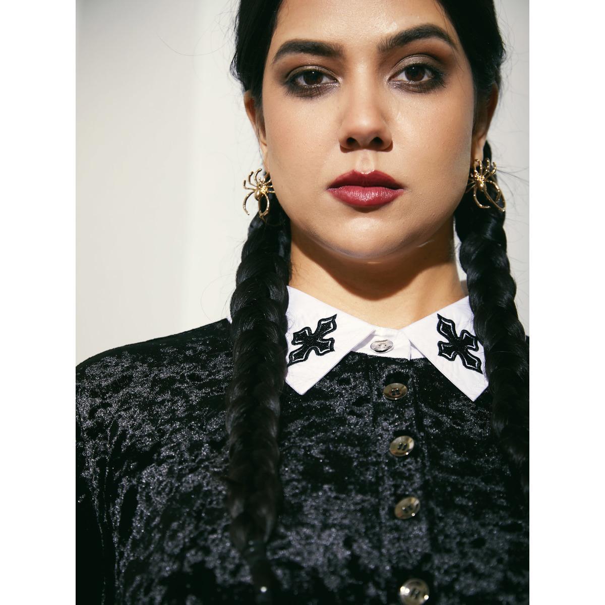 Plus Size Stretch Velvet Collared Midi Dress Black Women Cocktail Texture Party Curvy Bloomchic 14-16/1X Product Image