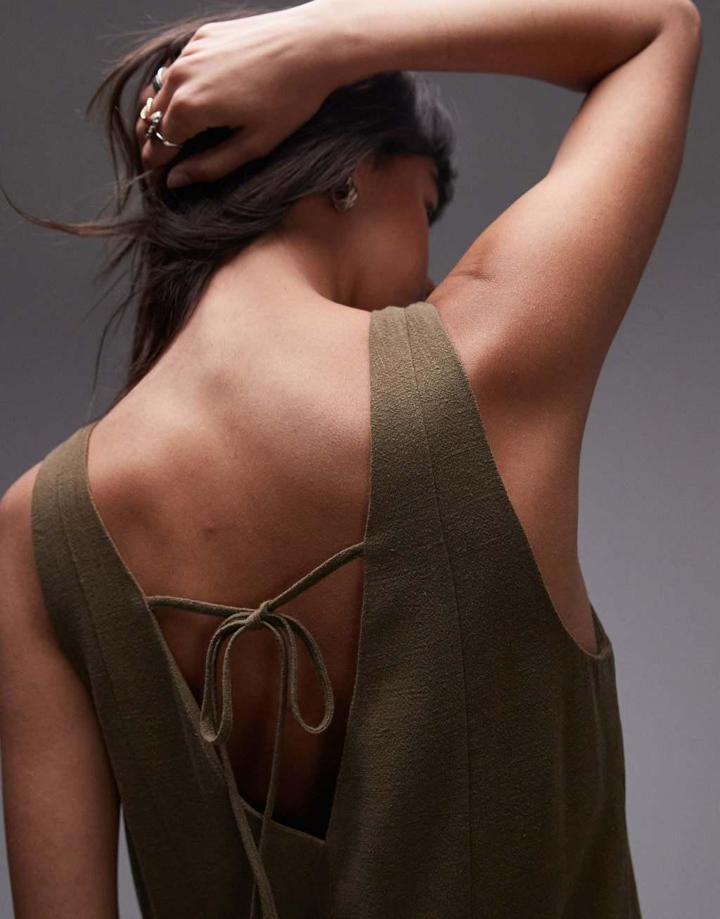 Topshop V neck bermuda jumpsuit in khaki Product Image