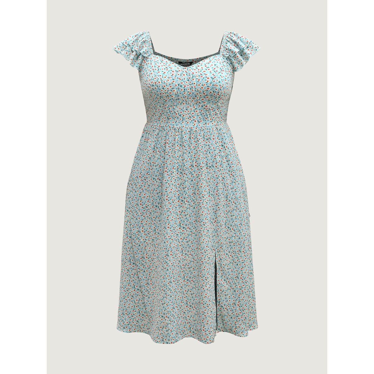 Plus Size Ditsy Floral Print Layered Ruffle Midi Dress Skyblue Women Slit Heart neckline Cap Sleeve Curvy BloomChic 22-24/3X Product Image