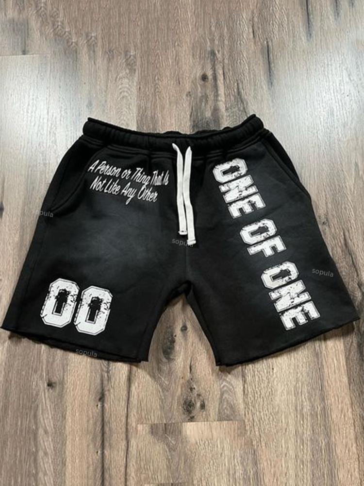 Vintage Word Graphic Drawstring Casual Pocket Shorts Product Image