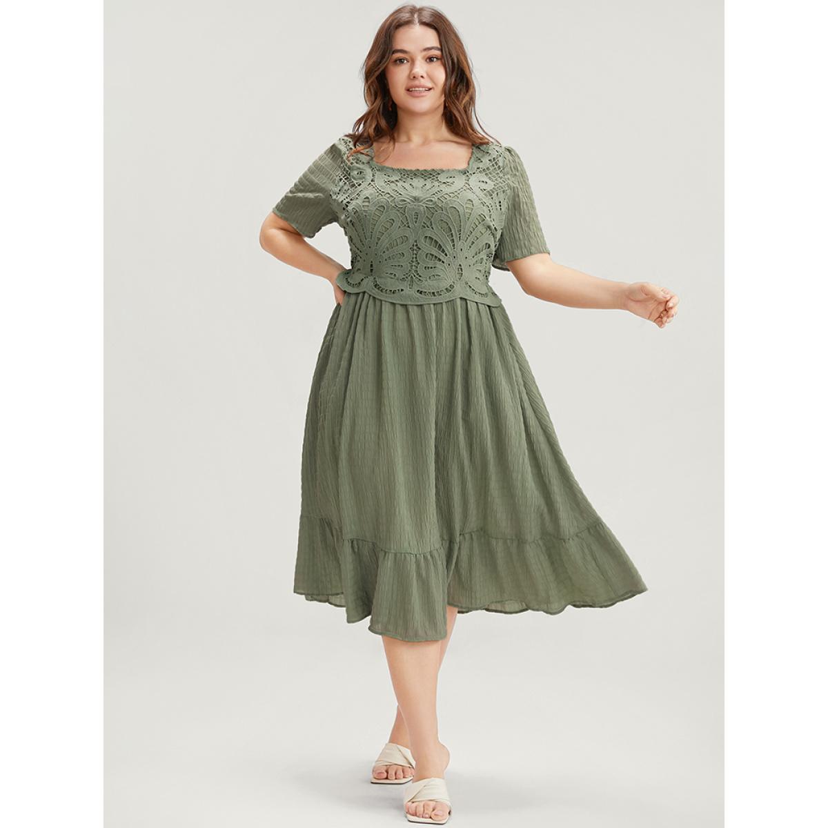 Plus Size Solid Square Neck Pocket Lace Ruffles Hem Dress Mint Women Elegant Elastic Waist Square Neck Short sleeve Curvy Midi Dress BloomChic 18-20/2X Product Image