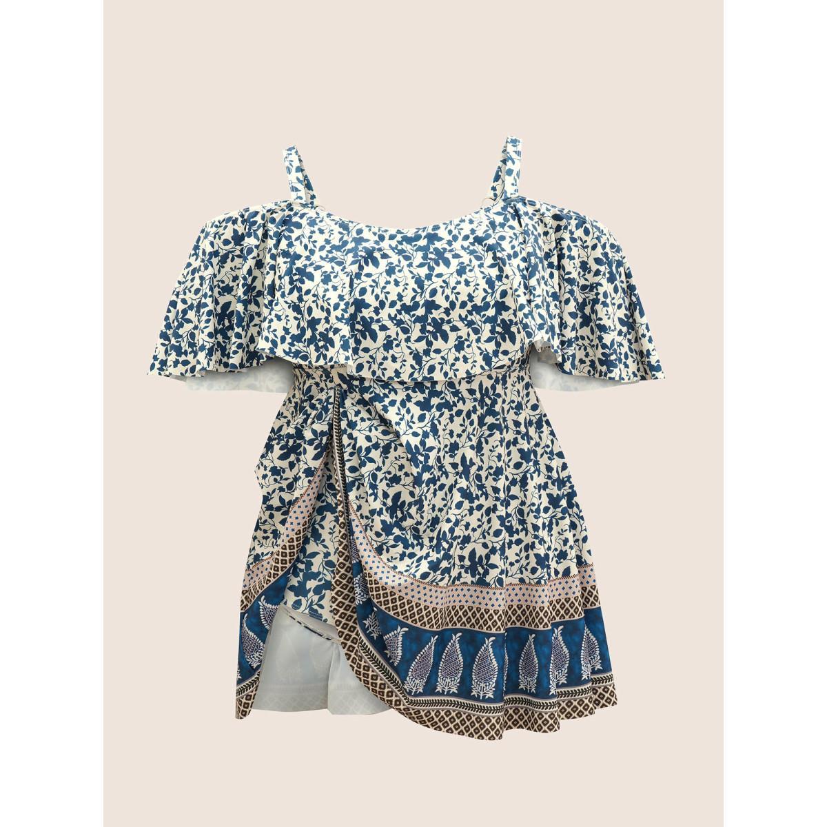 Plus Size Bandana Print Cold Shoulder Swim Dress Women's Swimwear Indigo Beach Bodycon One-shoulder neck High stretch Curve Swim Dresses BloomChic 28/5X Product Image