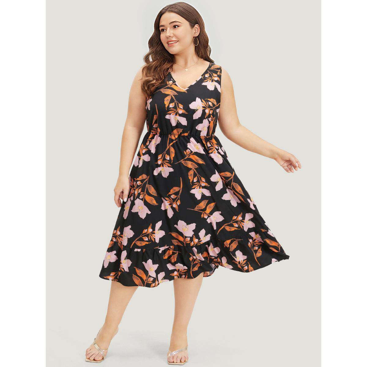 Plus Size Floral Print Pocket V Neck Elastic Waist Sleeveless Dress Black Women Elegant Elastic Waist V-neck Sleeveless Curvy Midi Dress BloomChic 14-16/1X Product Image