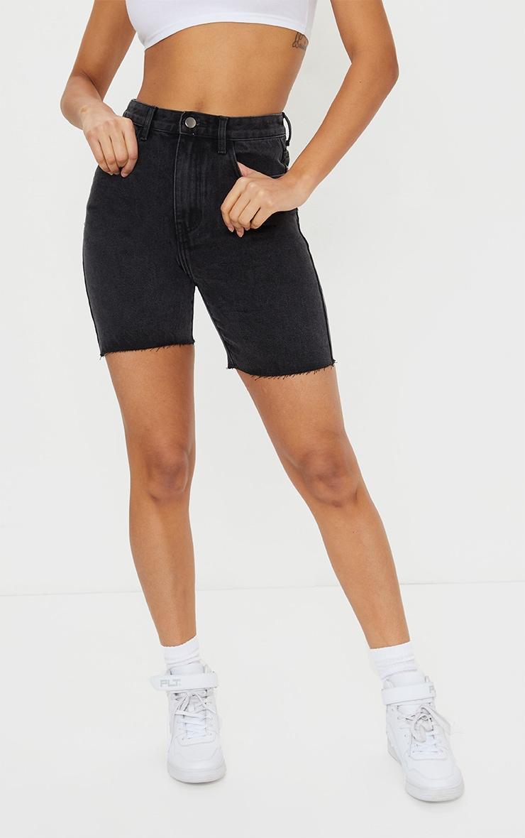 Washed Black High Rise Longline Fitted Denim Shorts Product Image