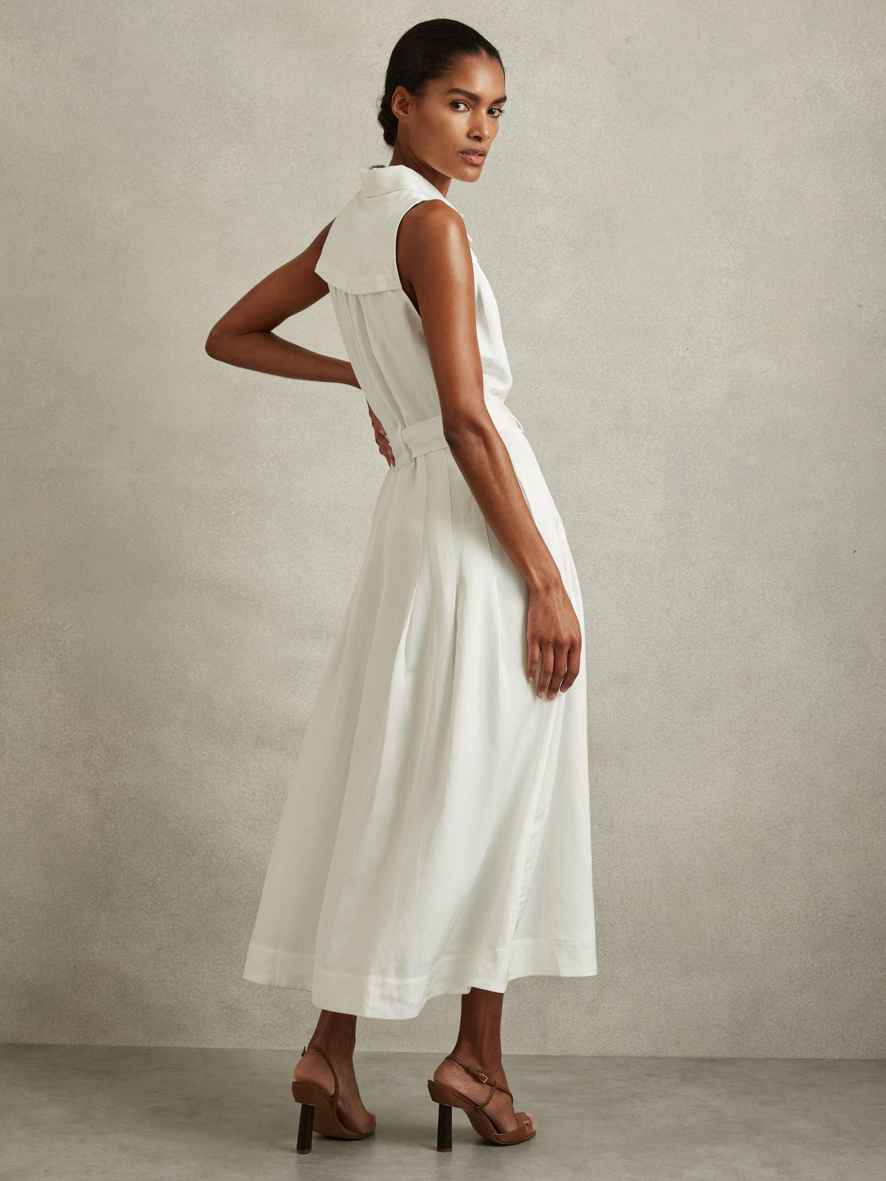 Petite Viscose-Linen Belted Midi Dress in White Product Image