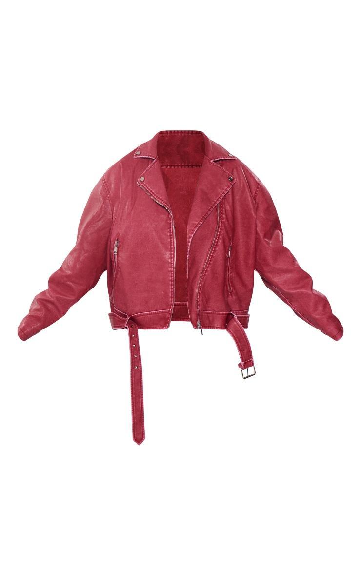 Plus Cherry Red Vintage Faux Leather Oversized Zip Up Biker Jacket Product Image