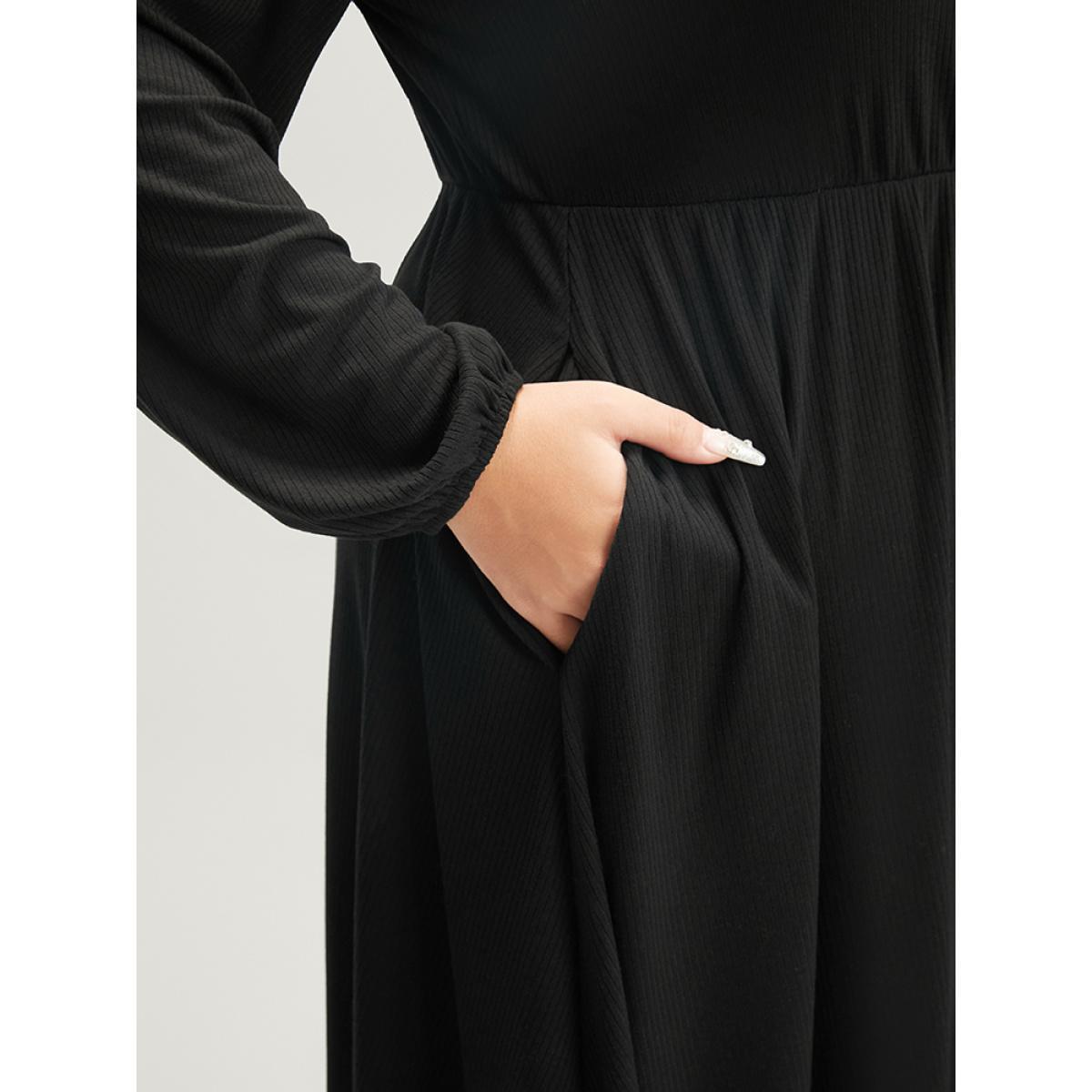 Plus Size Solid Lantern Sleeve Pocket Lace Trim Wrap Dress Black Women Elegant Lace V-neck Long Sleeve Curvy Midi Dress BloomChic 28/5X Product Image