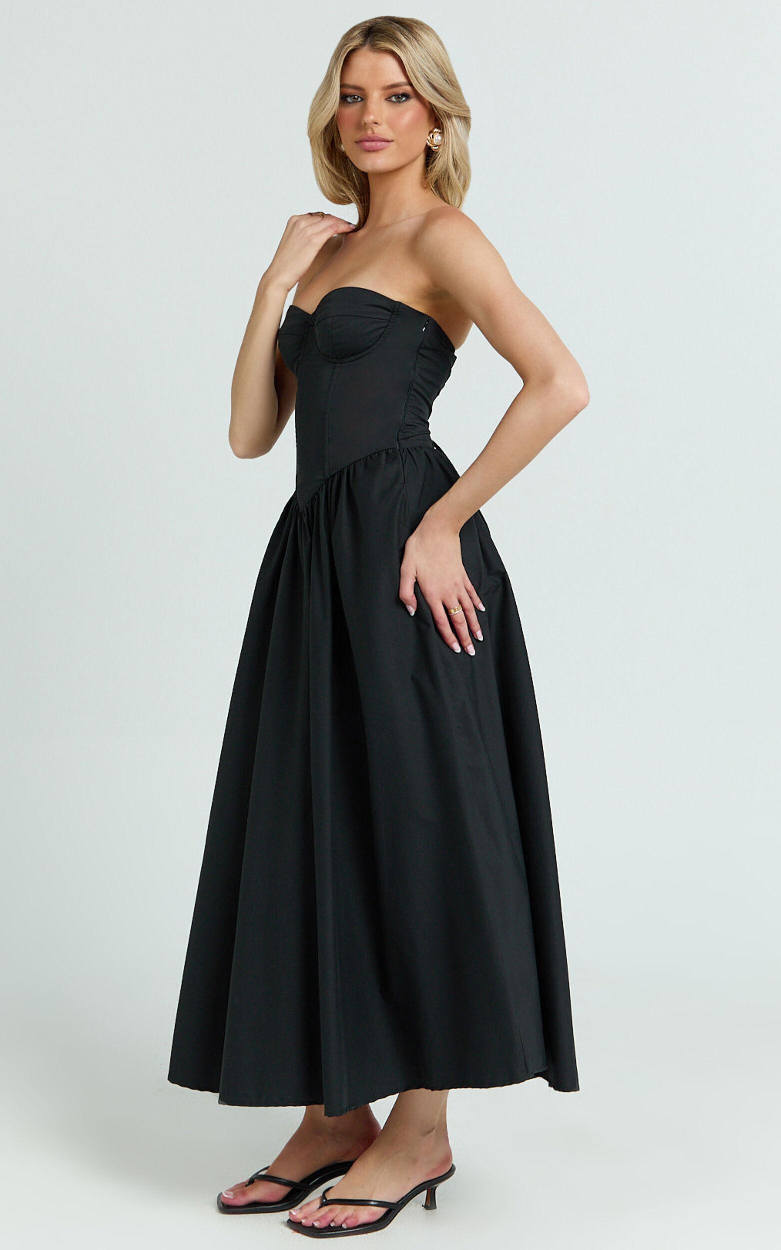 Daria Midi Dress - Strapless Corset Gathered Dress in Black Product Image