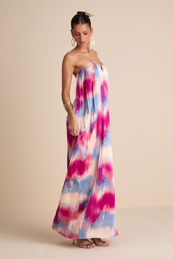 Celandine Multi Abstract Pleated Strapless Swing Maxi Dress Product Image