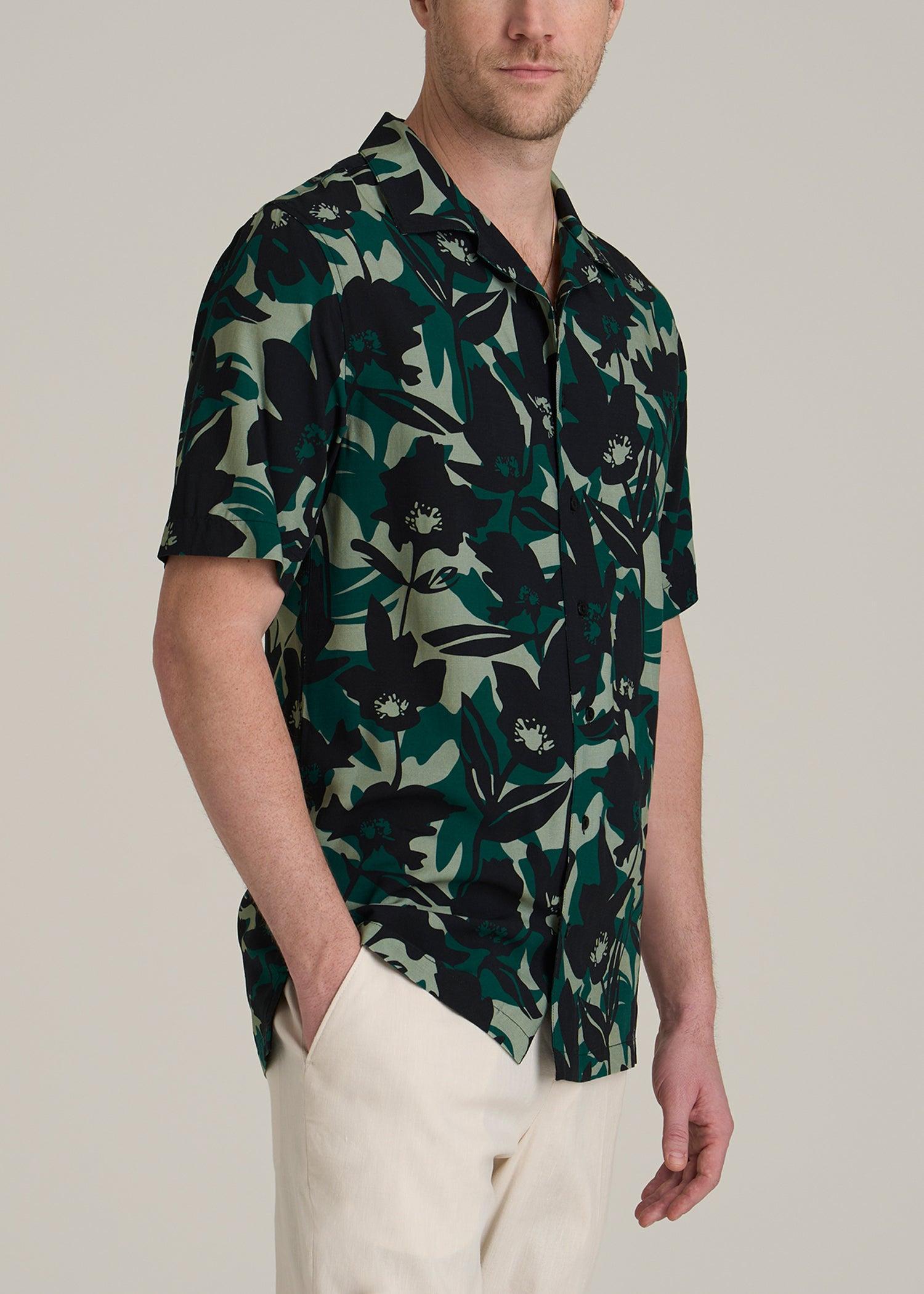 Short Sleeve Resort Shirt for Tall Men in Green and Black Floral Product Image