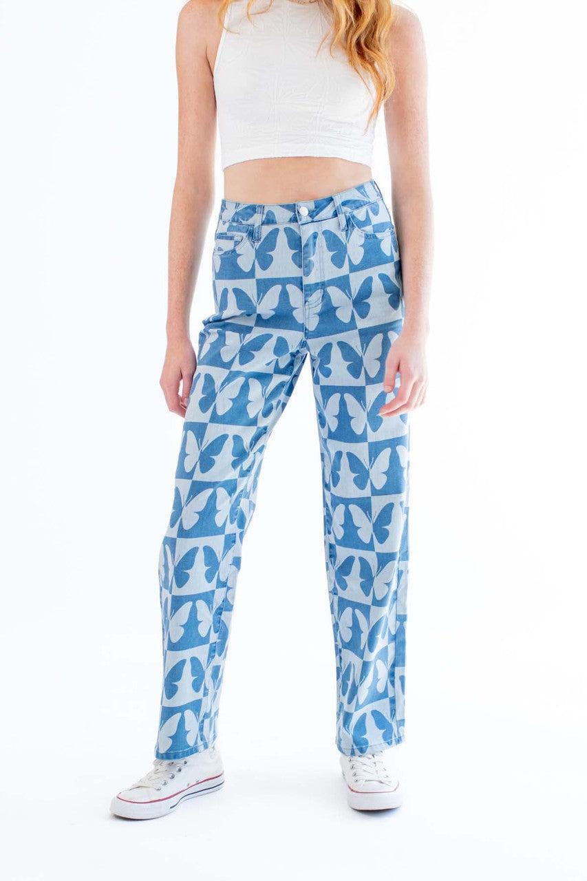 Checkered Butterfly Print Jeans Product Image