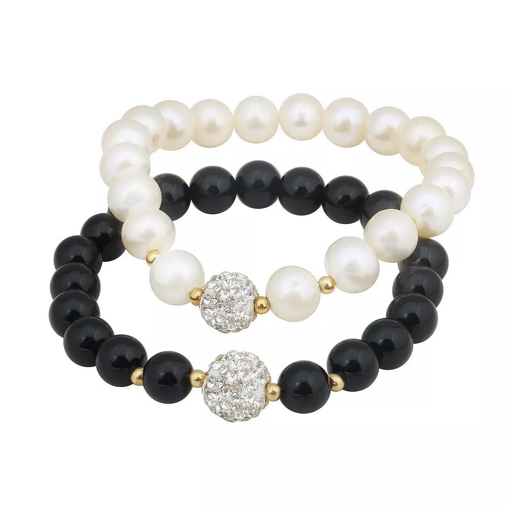 2-Pair Freshwater Cultured Pearl & Black Onyx Stretch Bracelet Set, Women's, Size: 7.5", 14k Gold Product Image