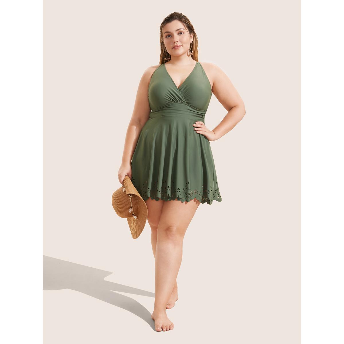 Plus Size Laser Cut Overlap Collar Bodycon Swim Dress Women's Swimwear ArmyGreen Beach Bodycon V-neck High stretch Curve Swim Dresses BloomChic 28/5X Product Image
