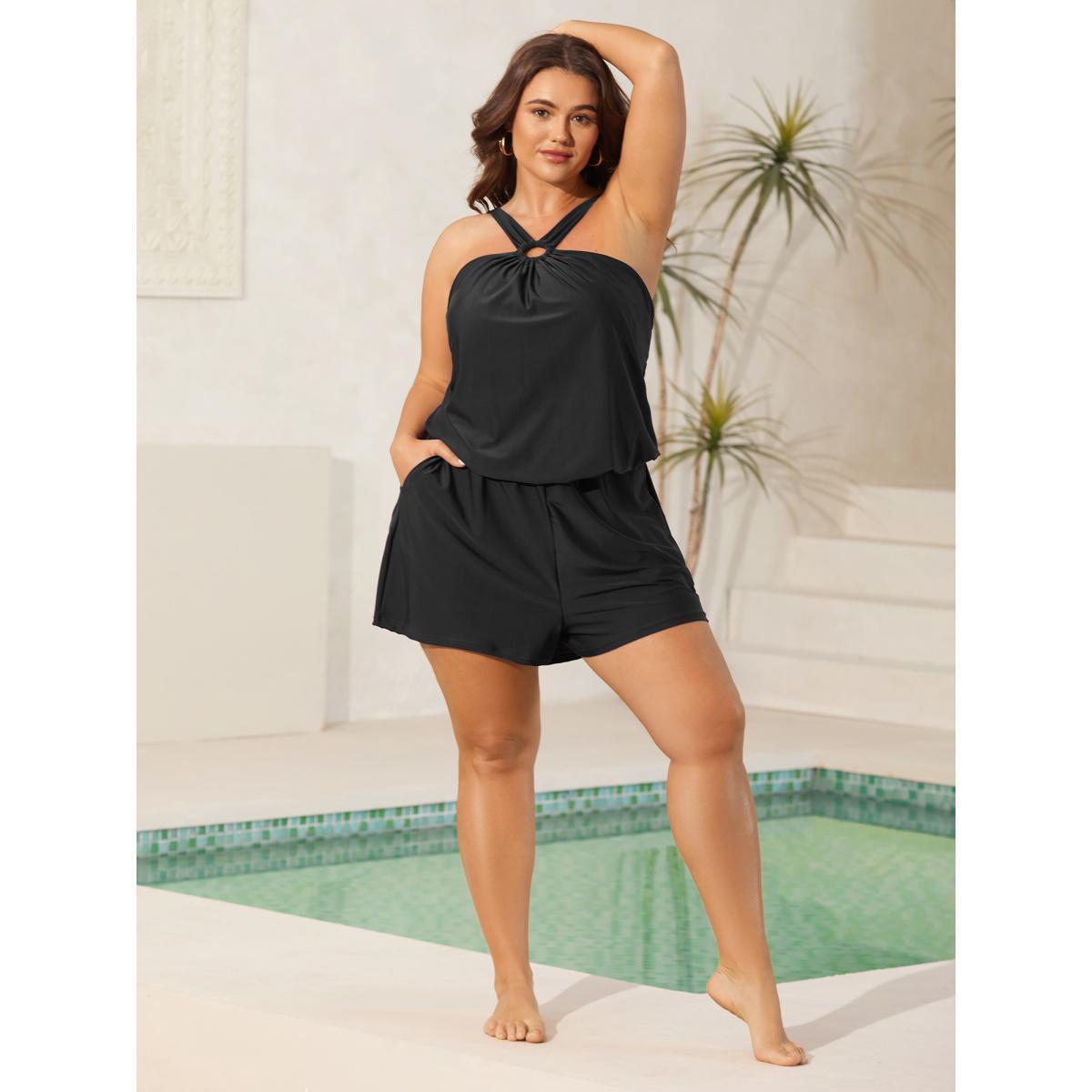 Plus Size Halter Neck Pockets Cinched One-Piece Swimsuit Women's Swimwear Black Beach Cut-Out Curve Bathing Suits High stretch One Pieces BloomChic 10/M Product Image