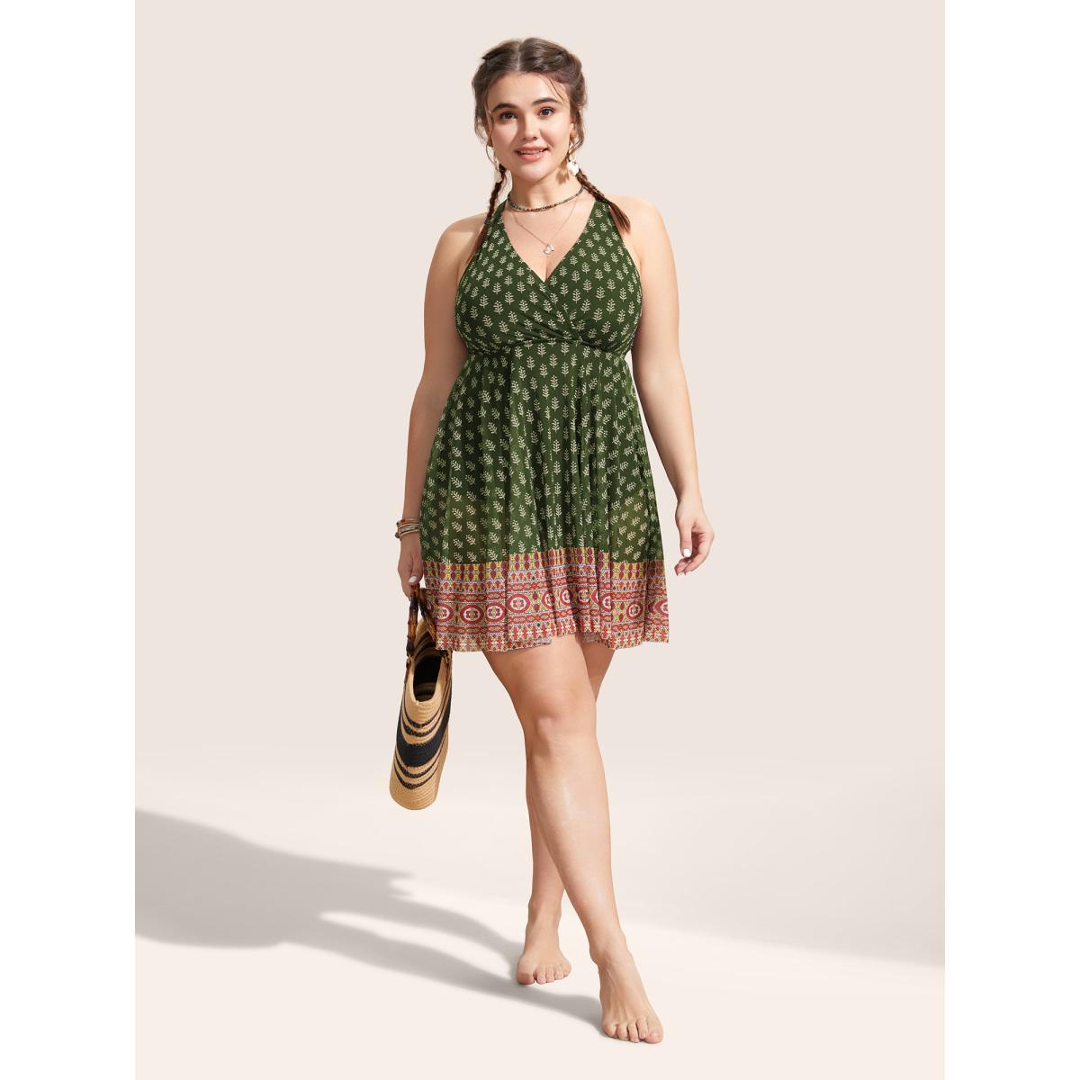 Plus Size Overlap Collar Boho Print Patchwork Swim Dress Women's Swimwear ArmyGreen Beach Bodycon Overlap Collar High stretch Curve Swim Dresses BloomChic 12/L Product Image