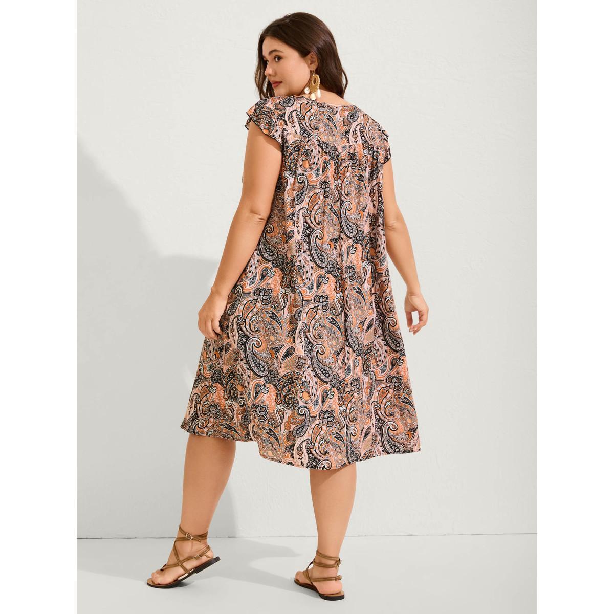 Plus Size Rayon Paisley Print Neck Tie Midi Dress Multicolor Women Square Neck Cap Sleeve Curvy BloomChic 14-16/1X Product Image