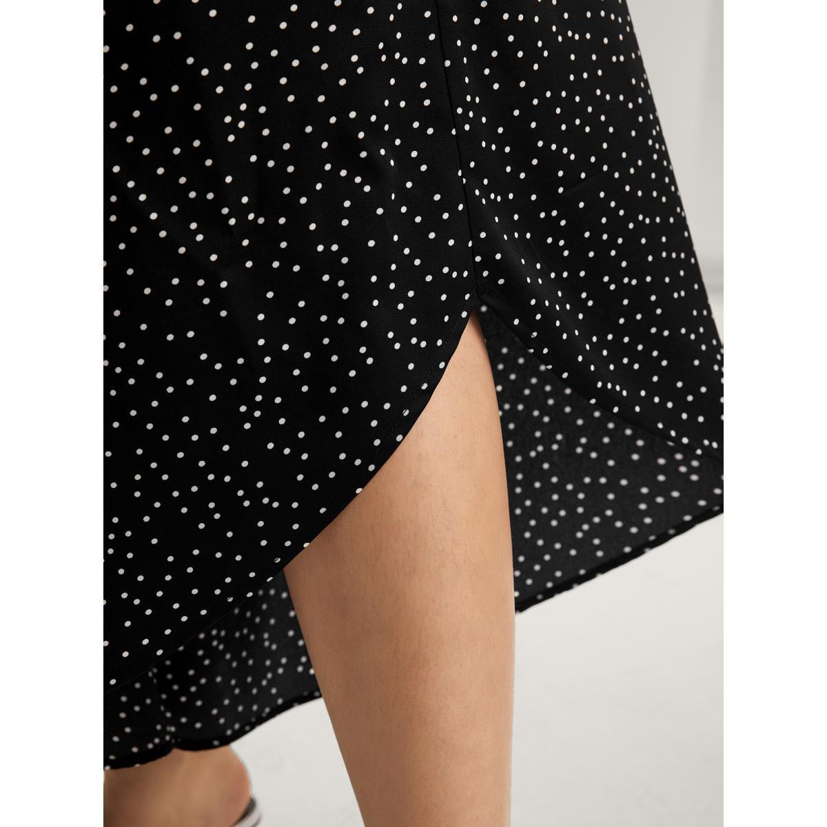 Plus Size Little Dots Asymmetrical Hem Slit Pants Women Black Elegant Wide Leg Mid Rise Everyday-Elegant Pants BloomChic 26/4X Product Image