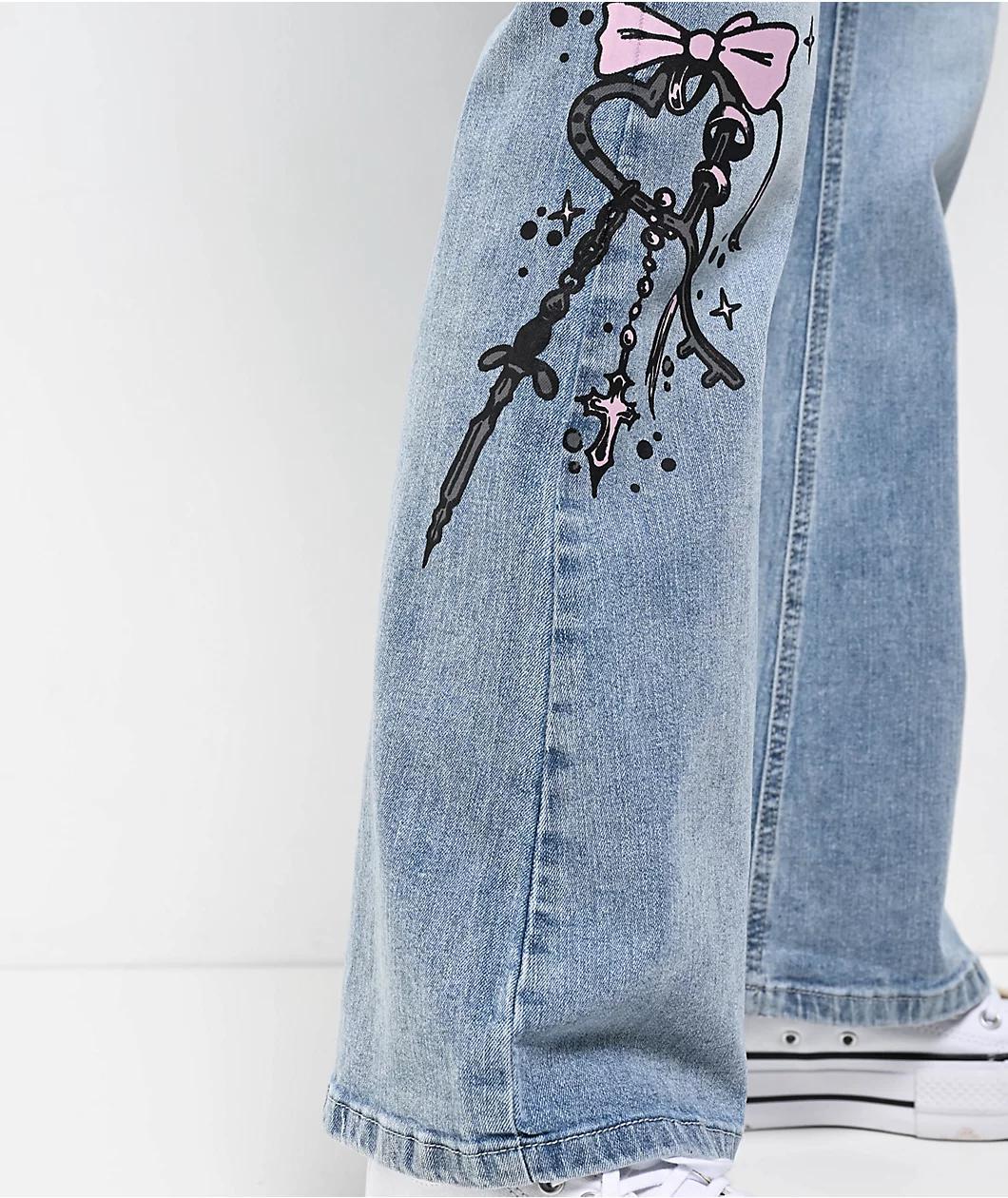 Empyre Glimmer Blossom Printed Light Blue Wash Mid Rise Flare Jeans Product Image
