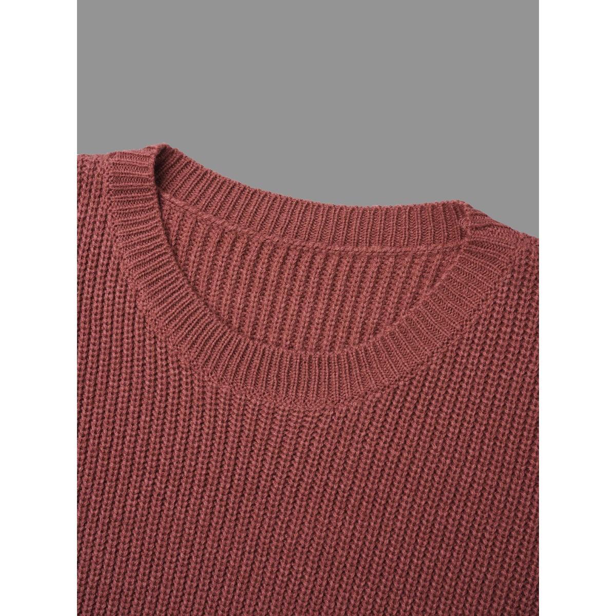 Plus Size Textured Drop Shoulder Button Detailing Pullover Russet Women Casual Loose Long Sleeve Round Neck Everyday Pullovers BloomChic 26/4X Product Image