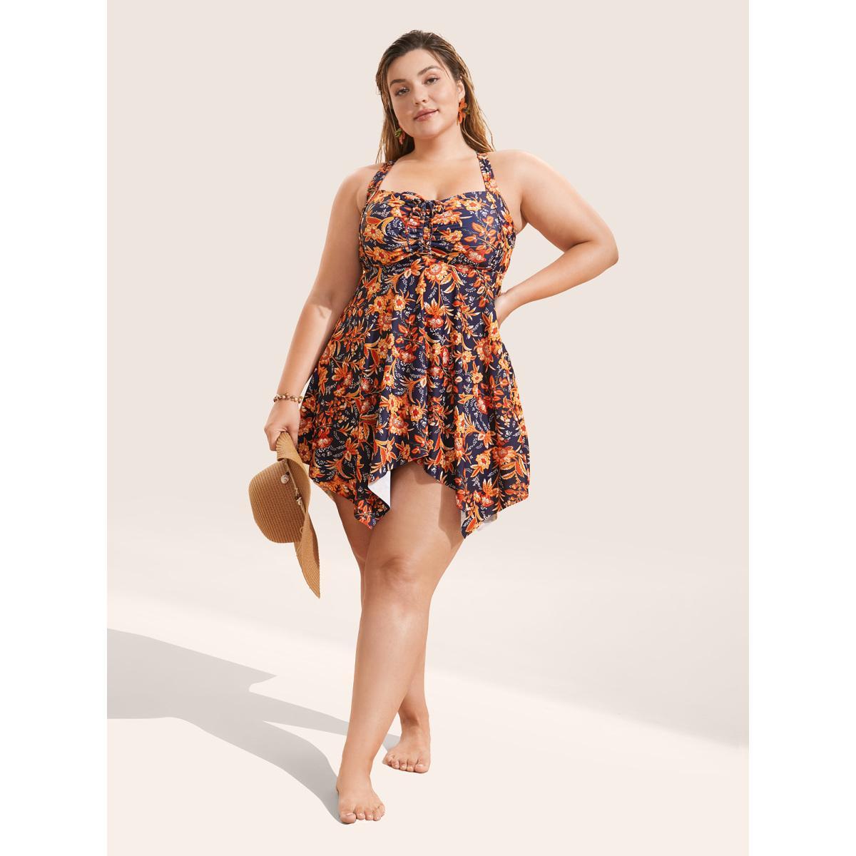 Plus Size Bandana Print Knotted Asymmetrical Hem Swim Dress Women's Swimwear DarkBlue Beach Bodycon Non High stretch Curve Swim Dresses BloomChic 18-20/2X Product Image