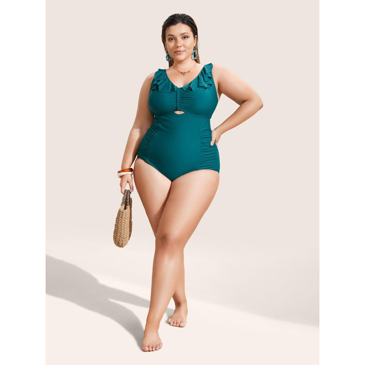 Plus Size Solid Cut Out Ruffle Trim One Piece Swimsuit Women's Swimwear Cyan Beach Gathered Curve Bathing Suits High stretch One Pieces BloomChic 12/L Product Image