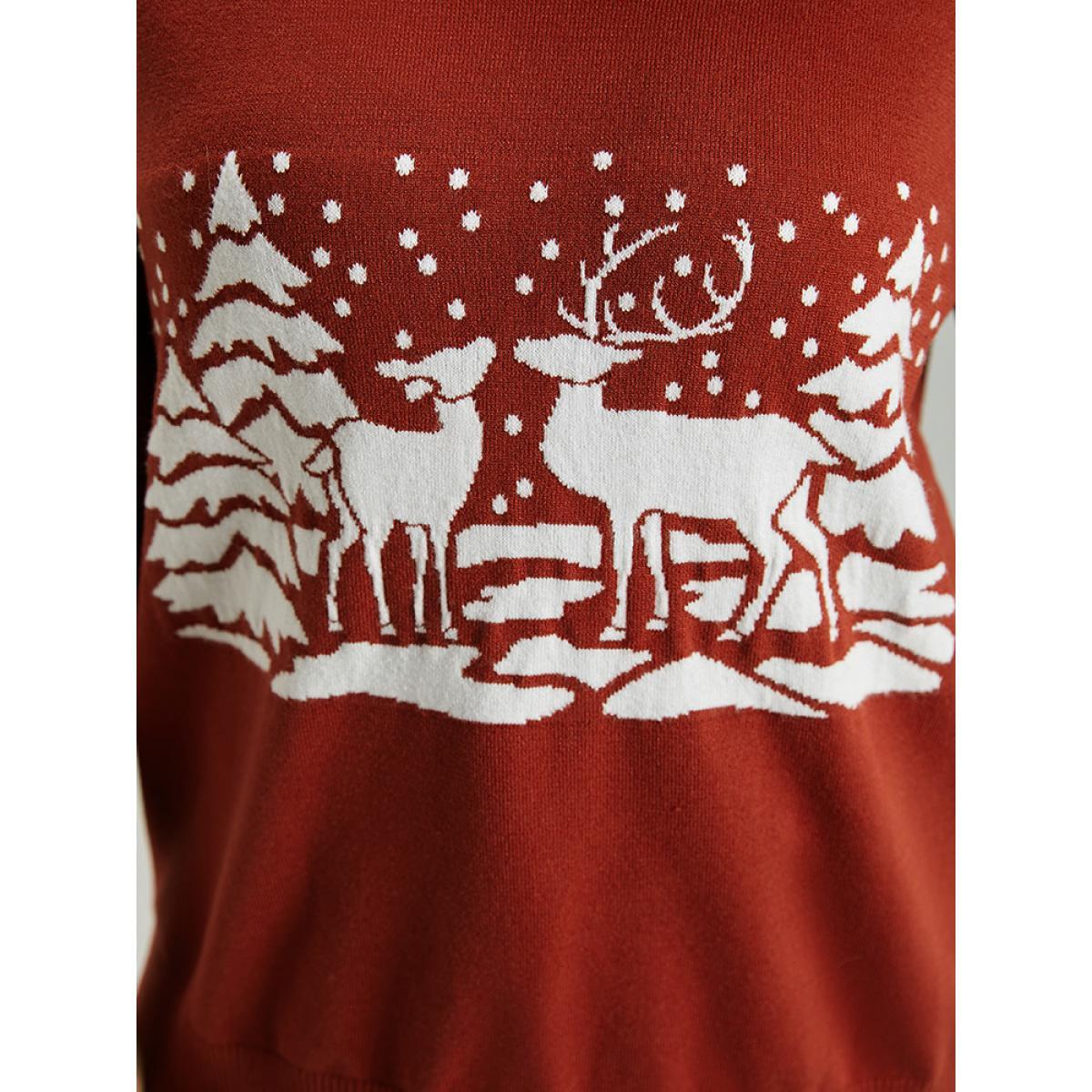 Plus Size Anti-Pilling Christmas Trees & Elk Print Pullover Rust Women Casual Loose Long Sleeve V-neck Festival-Christmas Pullovers BloomChic 26/4X Product Image