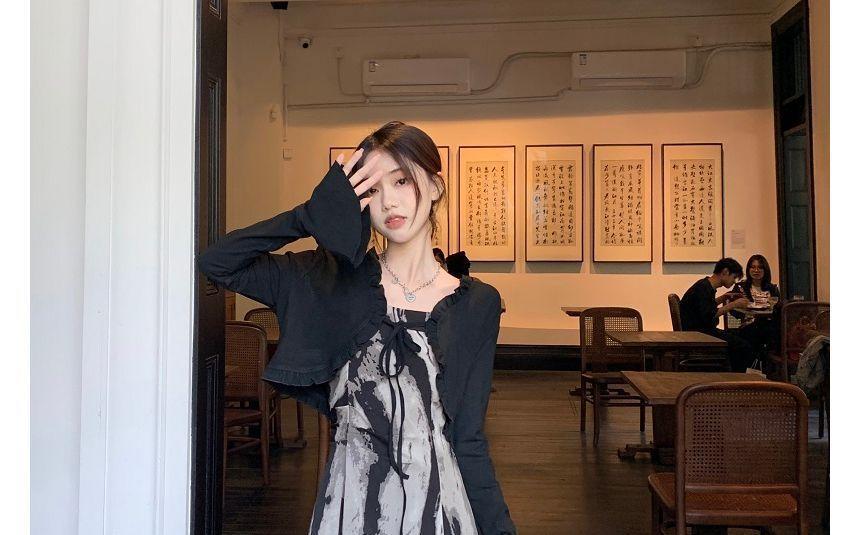 Spaghetti Strap Print Midi A-Line Dress / Open Front Light Jacket Product Image