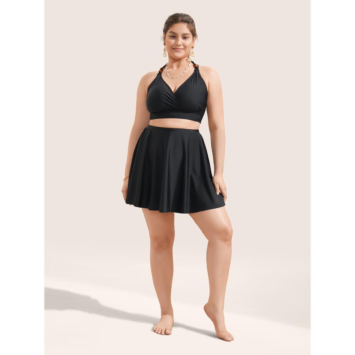 Plus Size Solid Pocket Ruffles Swim Skirt Women's Swimwear Black Beach Non High stretch Bodycon High Rise Slanted pocket Curve Swim Bottoms BloomChic 12/L Product Image