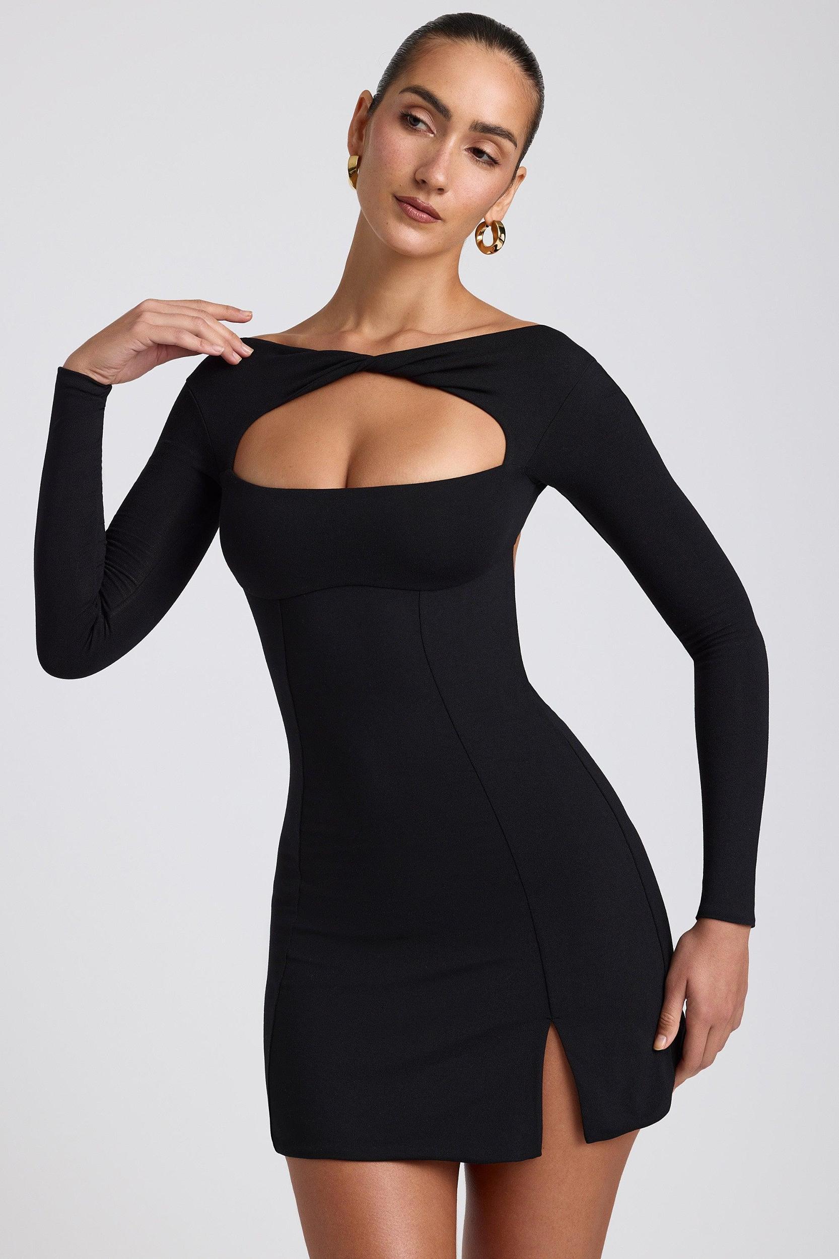 Modal Twist-Front Long-Sleeve Mini Dress in Black Product Image