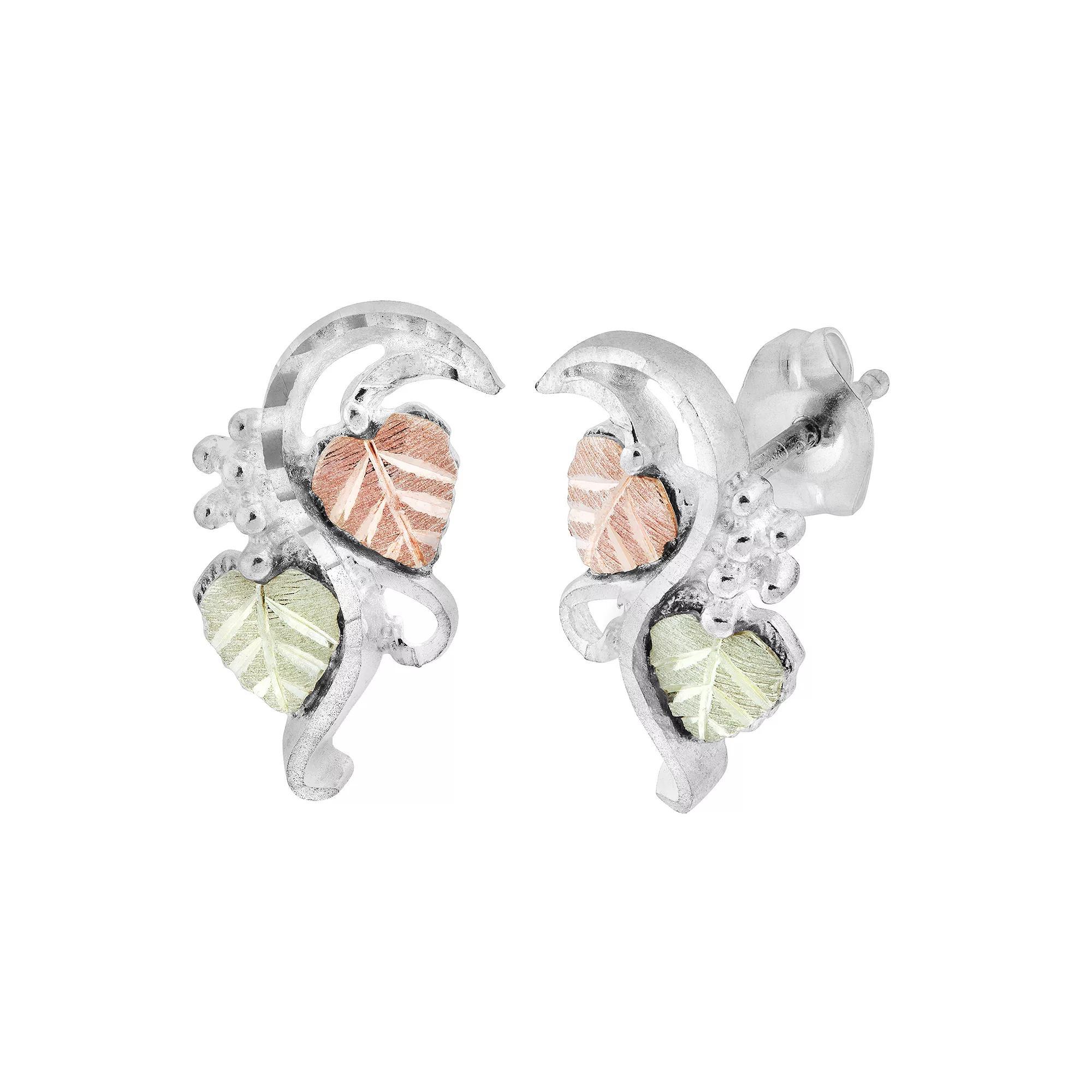 Black Hills Gold Tri-Tone Leaf Stud Earrings in Sterling Silver, Women's, 10k Gold Product Image