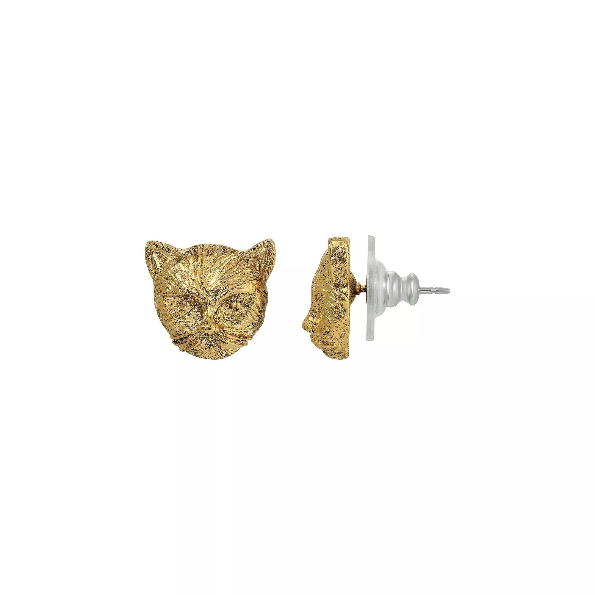 1928 Gold Tone Cat Stud Earrings, Womens, Yellow Product Image