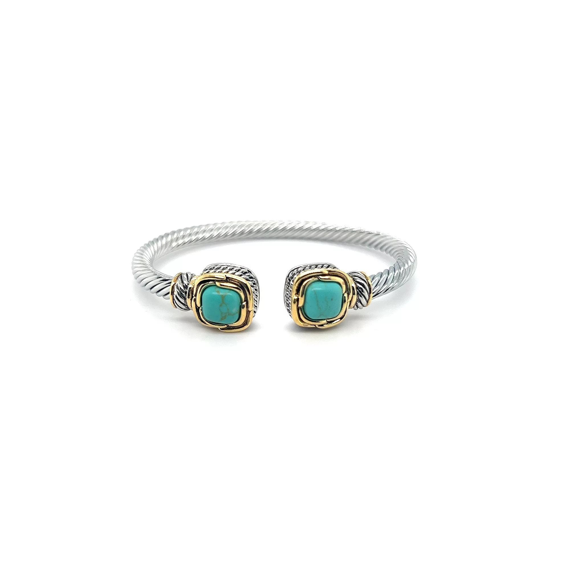 Juvell Two-Tone 18k Gold Plated Simulated Turquoise Textured Ends Bangle Bracelet, Women's, Two Tone Product Image
