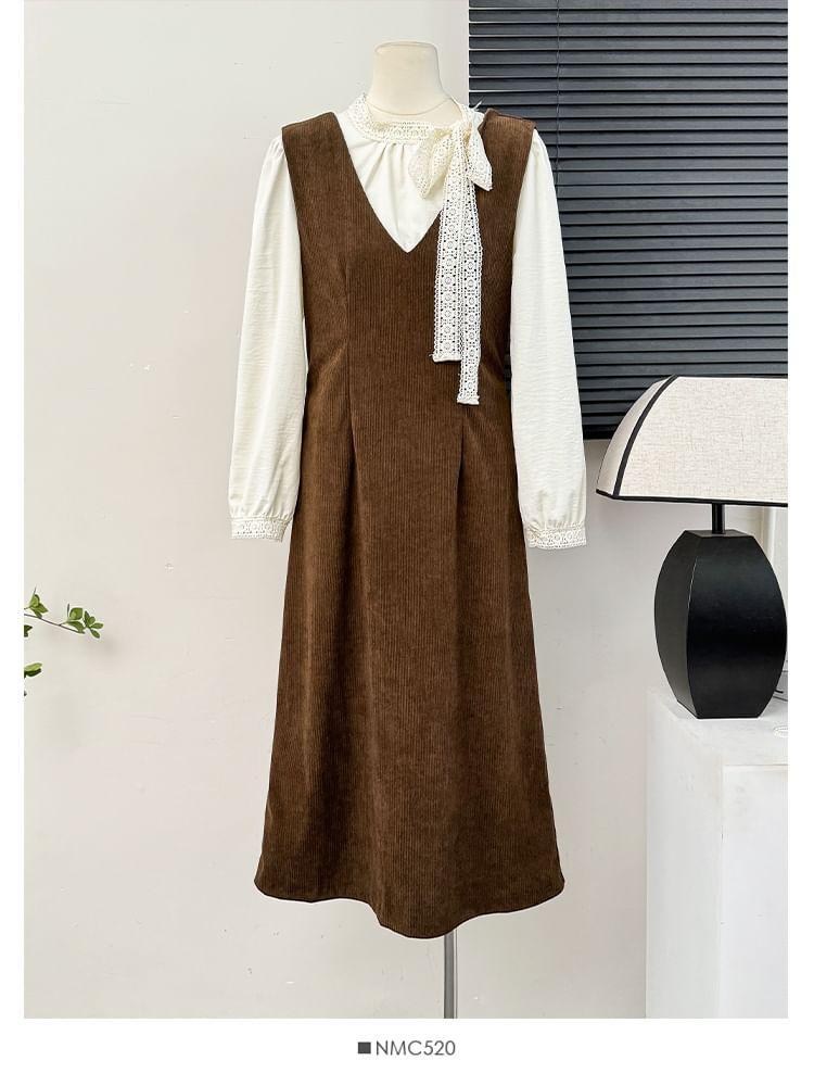 Set: Lace-Trim Loose Blouse + Sleeveless V-Neck Midi Dress with Sash Product Image