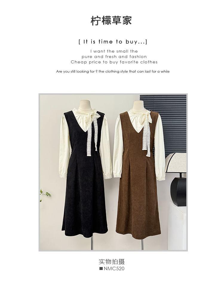 Set: Lace-Trim Loose Blouse + Sleeveless V-Neck Midi Dress with Sash Product Image