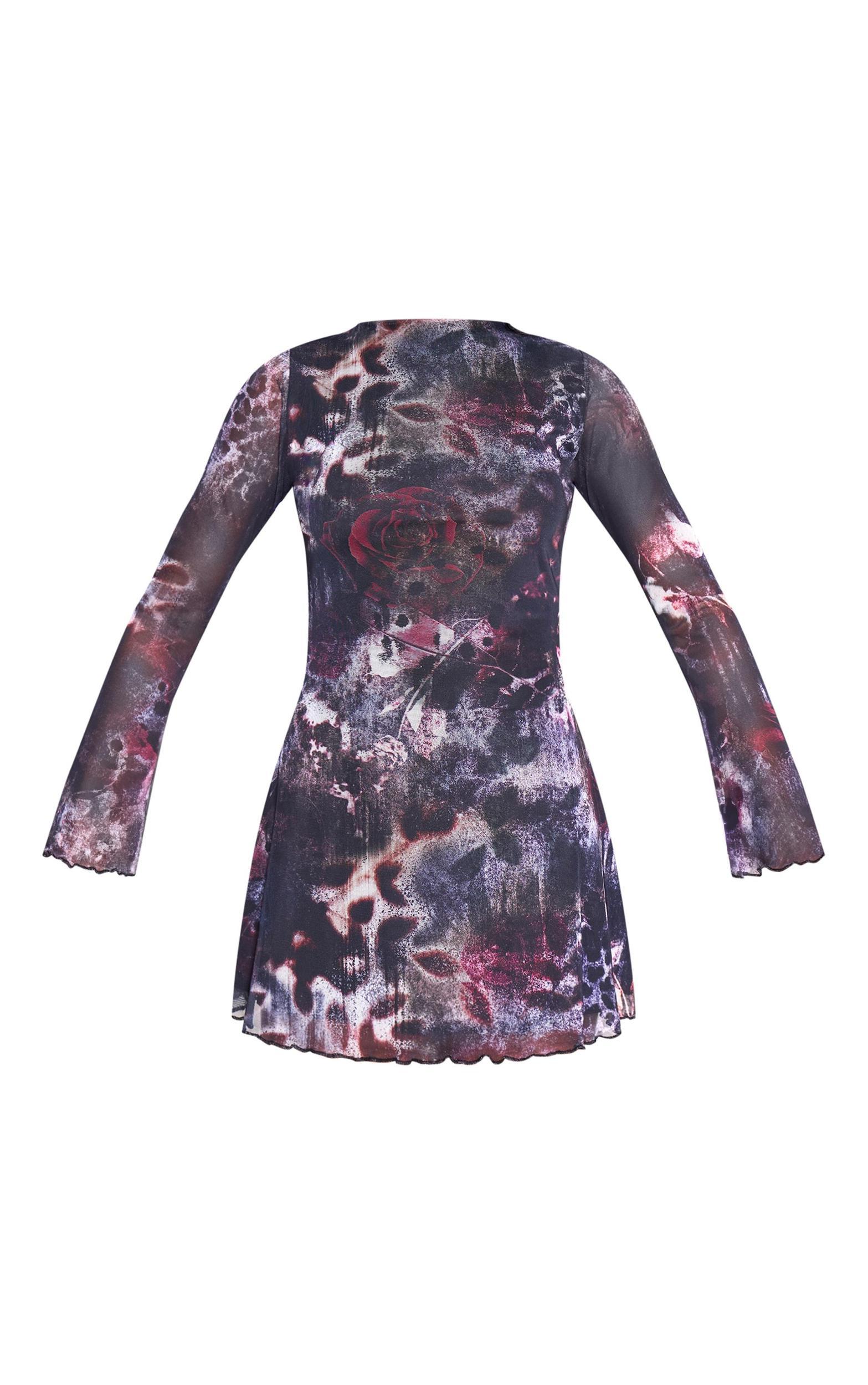 Dark Purple Mesh Long Sleeve Tie Back Shift Dress Product Image