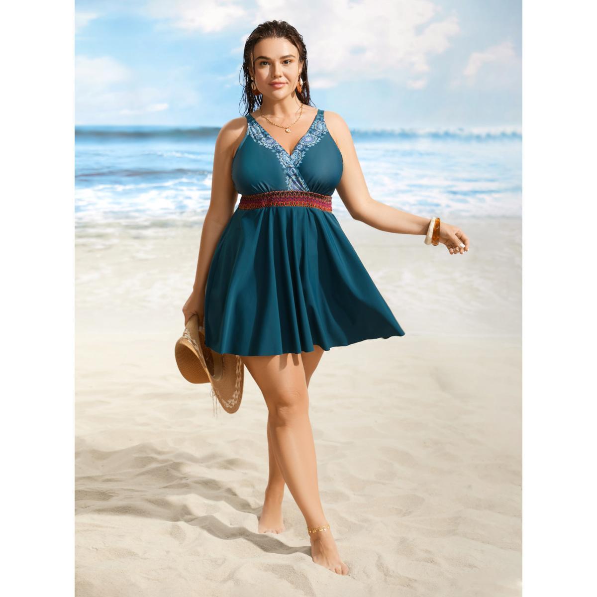 Plus Size Overlap Collar Bandana Print Contrast Webbing Swim Dress Women's Swimwear Cyan Beach Bodycon Overlap Collar High stretch Curve Swim Dresses BloomChic 14-16/1X Product Image