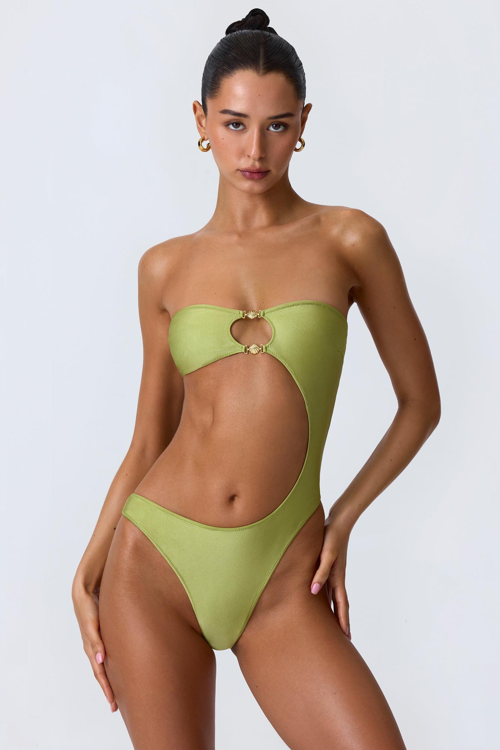 Embellished Cut-Out Bandeau Swimsuit in Pear Green Product Image